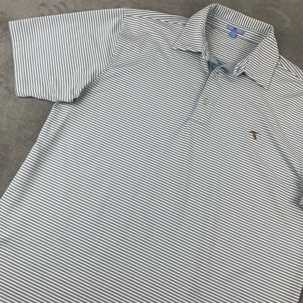 GenTeal Mens Large Polo Shirt Blue Striped Performance Duck Logo Short Sleeve